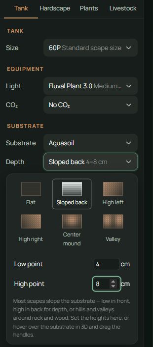 Close-up of the actual Tank > Depth panel: Sloped back selected, Low point 4 cm and High point 8 cm. The six buttons change the substrate profile.