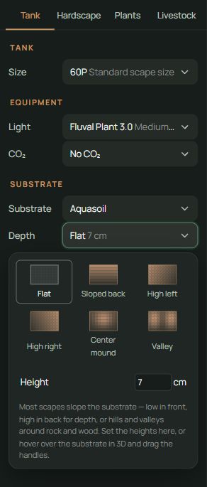 Actual Scapesome Plan controls: Tank tab, Size, equipment, Substrate and the open Depth menu with Flat, Sloped back, High left, High right, Center mound and Valley.